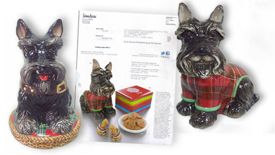 animal inspired ceramic cookie jars, shown here the Neiman Marcus christmas scottie and yorkie, manufactured exclusively for Neiman Marcus Christmas book.