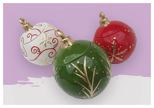 christmas ornament cookie jars in classic holiday colors