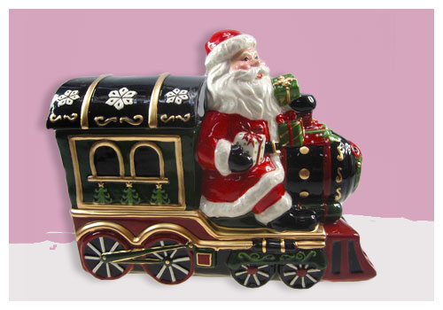 all aboard with Santa this christmas ceramic cookie jar, full of love for for the christmas holidays